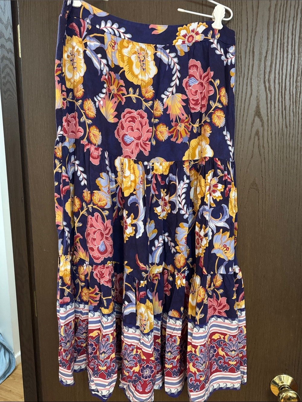 Soft Surroundings Navy Floral Tiered Maxi Skirt with Yellow & Pink Blooms